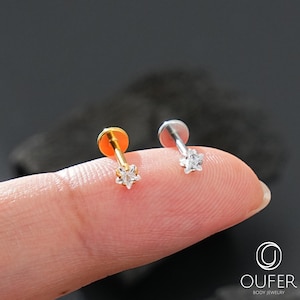 Clou d'oreille étoile CZ sans filetage 16G/18G, petite boucle d'oreille de cartilage en or, labret à épingles, anneau de nez, tragus, conque, piercing hélice, cadeau de boucle d'oreille arrière plat