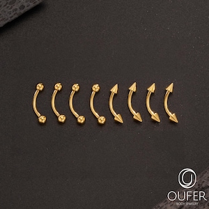 Set of 8pcs, 16G Gold Curved Barbells, 8/10mm Eyebrow, Rook, Cartilage, Vertical Labret Piercings with Ball and Spike Ends, Barbell Jewelry
