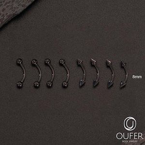 Set of 8pcs, 16G Curved Barbells, 8mm/10mm Eyebrow, Rook,Cartilage,Vertical Labret Piercings with Ball and Spike Ends, Black Barbell Jewelry