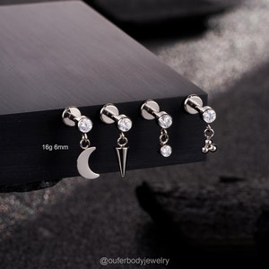 16G Titanium Bezel CZ Dangle Labret Stud/Moon/Spike/Trinity Beads Cartilage Stud/Tiny Helix Stud/Conch/Tragus Stud/Flat Back Earring/1PCS