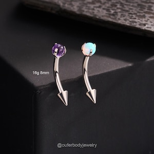 16G Titanium Internally Threaded Opal Eyebrow Ring/Vertical Labret/Amethyst Rook Earring/Curved Eyebrow Piercing/Cartilage/Lip/Rook Barbells