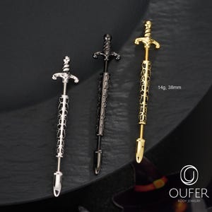 Halloween Dagger Industrial Barbell – 14G 38mm Long Bar in Gold/Silver/Black | Gothic Ear Bridge Piercing | Punk Sword Bar | Halloween Gift