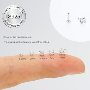 925 Sterling Silver Prong CZ Threadless TOP Replacement/Push Pin Labret Stud/Nose/Tragus/Cartilage/Conch/Helix Stud/FlatBack Earring/No Post