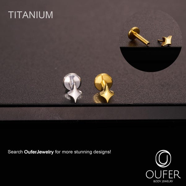 Piercing per labbro a quattro stelle in titanio 16G/18G/20G, senza filettatura, con perno piatto, per cartilagine, conca, elica, trago, naso, orecchino in oro/argento