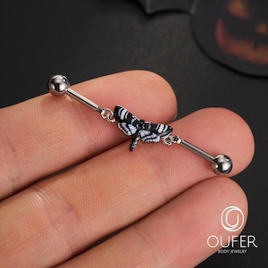 14G Steel Black Moth Industrial Barbell Chain/Industrial Jewelry/Industrial Piercing/Scaffold Jewelry/Cartilage Earring/Staight Barbell/Gift