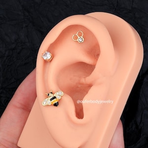 3Pcs 16G Bee Honeycomb CZ Threaded Stud Earrings/Cartilage Stud/Labret/Helix Studs/Tragus Stud/Conch Stud/Stacking Earring/Tiny CZ earrings