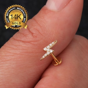 14k Solid Gold Lightning bolt cartilage earring/Threadless Push Pin Labret Stud/Threadless End/Nose/Tragus/Conch/Helix Piercing/Flat Back