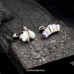 16G Titanium Internally Threaded Opal Bee Cartilage Stud Collection/Inner Conch Stud/Helix Stud/Tragus Stud/Danity Stud earring/Gift for her