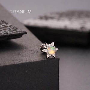 16G 6/8mm Implant-Grade Titanium Opal Star Labret Stud – Internally Threaded Flat Back Cartilage Stud, Nose Piercing, Tragus, Conch, Helix