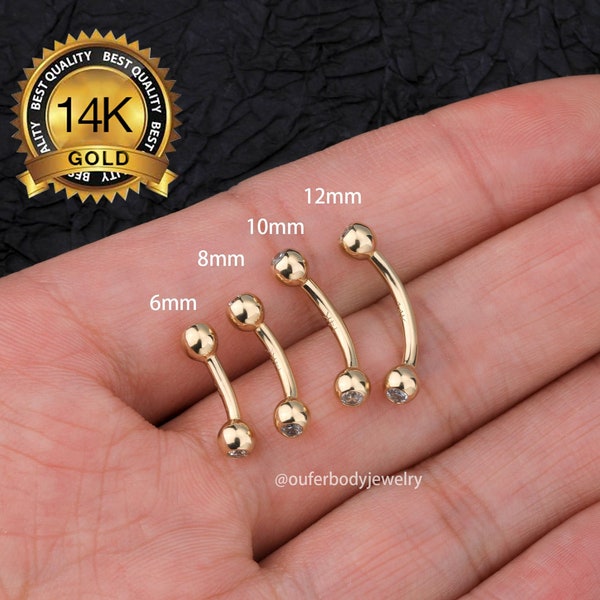 14k Gold Belly Button Ring/14G Navel Piercing/Round shape two balls Threaded Barbell Jewelry/Cartilage/Curved Barbells 6mm 8mm 10mm 12mm