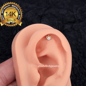 14K Solid Gold Sun Cartilage Stud Earring/Threadless Push Pin Labret Stud/Nose/Tragus/Conch/Helix Piercing/Threadless ends/Flat Back earring
