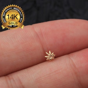 14k Solid Gold Maple Leaf Cartilage Earrings/Threadless Push-In Labret/Nose/Tragus/Conch/Forward Helix Piercing/Flat Back Stud/Gift for her