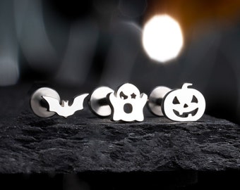 16G 3PCS Internally Threaded Pumpkin/Bat/Ghost Cartilage Studs Set/Silver Flat Top Labret Medusa Stud/Helix/Tragus/Conch Flat Back Earrings