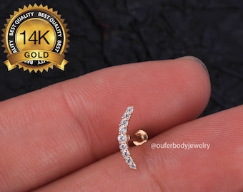 14K Solid Gold 16G 18G Tiny Climber Stud Earrings/Threadless earrings/Inner Conch Stud/CZ curved bar piercing/Flat Back/Helix/Tragus/EarLobe