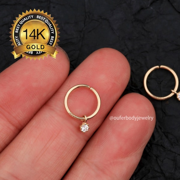 14K Solid Gold Dangle CZ Nose Piercing Hoop/18G Seamless Hoop/Helix Earring/Rook earring/Cartilage Earring/Tragus/Lobe Earrings/Gift for her