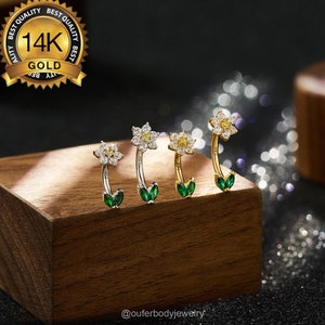 14K Solid Gold 16G Flower Yellow CZ Curved Barbell/16g Rook Earring/Eyebrow ring/Cartilage Earring/Tragus barbells/Rook barbell/Gift for her