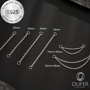 May include: A collection of sterling silver body jewelry chains in various lengths, including 20mm, 25mm, 30mm, and 35mm. The image also shows chains that are 19mm+24mm and 32mm+39mm. The jewelry is marked with "S925" and "STERLING SILVER".