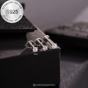 16G S925 Sterling Silver Tiny Prong CZ Cartilage Stud/Conch Stud/Helix/Tragus Stud/Flat Back Earring/1PCS/Internally Threaded Labret Stud