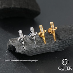 16G Dagger Flat Back Cartilage Stud – Threadless End, CZ Hilt Design, Medieval-Style Helix, Conch, Tragus & Earlobe Piercing, Unisex Jewelry