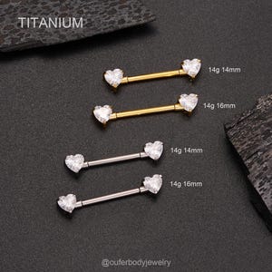 1 Pair 14G Titanium Heart CZ Nipple Rings, Gold Nipple Jewelry, Hypoallergenic Nipple Barbells, Dainty Heart Straight Barbell, Body Piercing