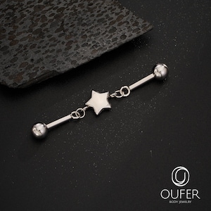 14G 38mm Star Industrial Barbell, Stainless Steel Ear Bridge | Straight Scaffold Earring | Threaded Ball Ends | Industrial Piercing Jewelry