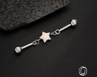 14G 38mm Star Industrial Barbell, Stainless Steel Ear Bridge | Straight Scaffold Earring | Threaded Ball Ends | Industrial Piercing Jewelry