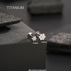 16G 6mm Titanium Flower Threadless Stud, Tiny Floral CZ Cartilage Earring, Push Pin Labret, Nose Piercing,Tragus,Conch,Helix, Flat Back stud