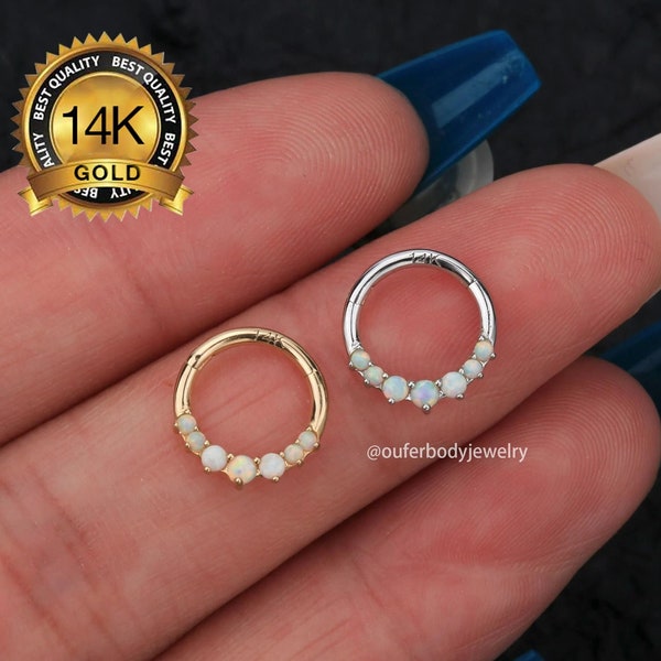 14K Solid Gold Opal Septum Ring/Daith Earring/Helix Hoop/Septum Hoop/Conch Hoop/Cartilage Hoop/Nose/Tragus/Rook Hoop Clicker/Gift for her