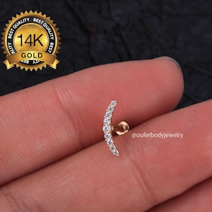 14K Solid Gold 16G 18G Tiny Climber Stud Earrings/Threadless earrings/Inner Conch Stud/CZ curved bar piercing/Flat Back/Helix/Tragus/EarLobe