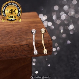 14K Solid Gold CZ Curved Barbell – 16G Rook Earring, Eyebrow Piercing Jewelry – Dainty Double CZ Ends, Internally Threaded Vertical Labret