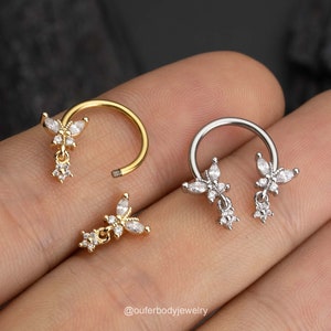 16G Dangle Butterfly Septum Ring/Horseshoe Ring/Daith Earrings/Cartilage Hoop/Septum Jewelry/Helix/Conch/Tragus Hoop Silver Gold/Girl's Gift