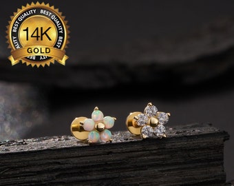 14k Solid Gold CZ Opal Flower Threadless Push-In Labret Stud/Cartilage Earring/Nose/Tragus/Conch/Helix Piercing/Flat Back Stud Earrings/Gift