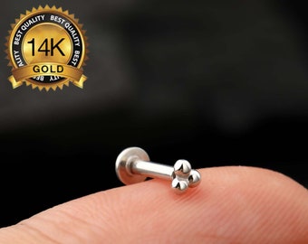 14K White Gold Tiny Trinity Bead Threadless Push Pin Labret Stud/Cartilage Earring/Nose/Tragus/Conch/Helix Piercing/Flat Back/Gift for her