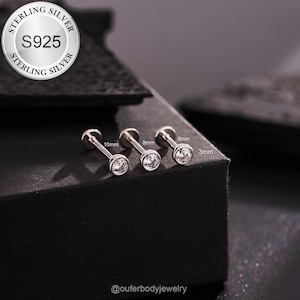 16G 925 Sterling Silver Bezel CZ Cartilage Stud/Conch Stud/Helix/Tragus Stud/Flat Back Earring/1PCS/Internally Threaded Labret Piercing Stud