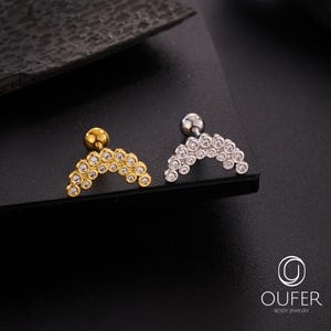 16G osynligt set med paved CZ Apsara kurvgängat örhänge/inre conch-örhänge/guldfärgad broskpiercing/helixörhänge/kurvad stång med skruvbaksida