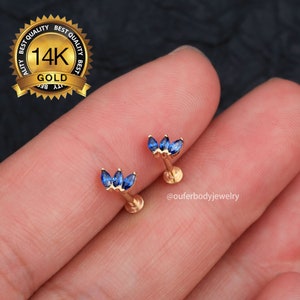 14k Solid Gold Threadless Crown Push-In Labret/Conch,Nose,Helix,Cartilage,Tragus Piercing/Dark Blue CZ Flat Back Stud earrings/Gift for her