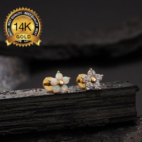14k Massive Gold CZ Opal Blume Fadenloser Push-In Labret Ohrstecker/Knorpelohrring/Nase/Tragus/Conch/Helix Piercing/Flachrücken Ohrstecker/Geschenk