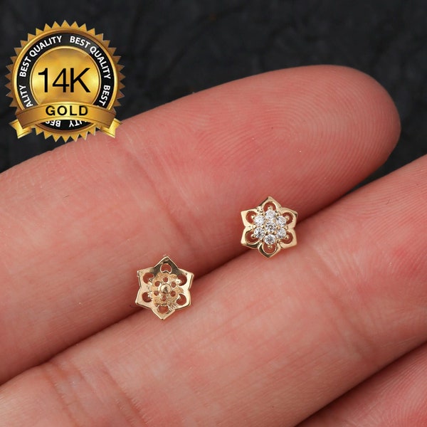 14K Solid Gold CZ Dermal Tops/Internally Threaded Dermal Anchor Tops/Threaded Flat Tops/Dermal Piercing 16g/Dermal Jewelry/Body Jewelry Gift
