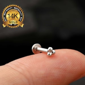 14K White Gold Tiny Trinity Bead Threadless Push Pin Labret Stud/Cartilage Earring/Nose/Tragus/Conch/Helix Piercing/Flat Back/Gift for her