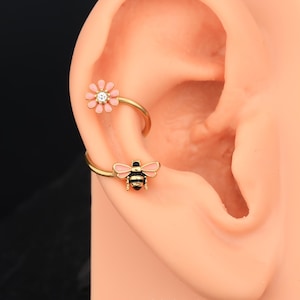 16G Pink Bee & Flower Spiral Cartilage Earring/Helix Earring/S Shape Conch Earring/Lip Ring/Belly Ring/Cartilage Hoop/Spiral Hoop Earrings