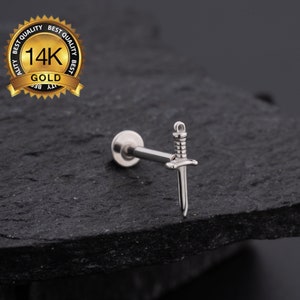Dague sans filetage en or blanc 14 carats/bouton d'oreille labret/nez/tragus/cartilage/conque/piercing hélicoïdal vers l'avant/boucle d'oreille à dos plat/16 g/18 g/20 g