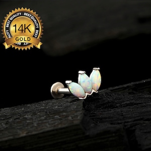 14K White Gold Marquise Opal Crown Cartilage Stud/Threadless Push Pin Labret Stud/Nose/Tragus/Conch/Helix Piercing/Threadless Flat Back Stud
