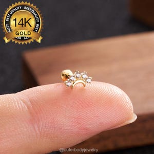 Internally Threaded 14K Solid Gold Moon Labret Stud–Flat Back Cartilage Earring for Helix, Tragus, Conch, Earlobe, Dainty Gold Piercing Gift