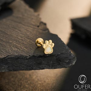 Könnte beinhalten: Ein goldfarbener Labret-Stecker in Pfotenform mit einer zentralen, herzförmigen Einlage aus irisierendem Opal. Das Schmuckstück hat einen flachen Stecker und liegt auf einer dunklen, strukturierten Oberfläche. Das OUFER Body Jewelry Logo ist sichtbar.