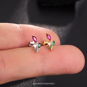 16G 6mm Ruby Green CZ Leaf Flat Back Earring,Internally Threaded Gold/Silver Stud/Multicolor CZ for Cartilage,Conch,Helix,Labret,Tragus Stud