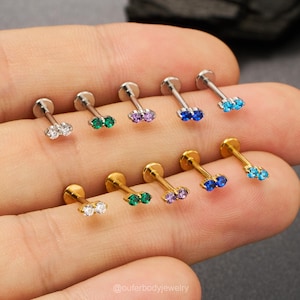16G/18G Double Round CZ Flat back Stud/Gold/Silver Cartilage Stud/Push Pin Labret Stud/Nose/Tragus/Conch/Helix Piercing/Flat Back Nose Stud