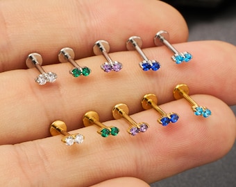 16G/18G Double Round CZ Flat back Stud/Gold/Silver Cartilage Stud/Push Pin Labret Stud/Nose/Tragus/Conch/Helix Piercing/Flat Back Nose Stud