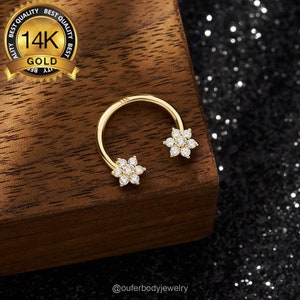 14K Solid Gold Flower CZ Horseshoe Septum Ring/Nose Ring/Daith Earring/Cartilage/Helix/Conch Piercing/Eyebrow/Septum Jewelry/Gift For Her