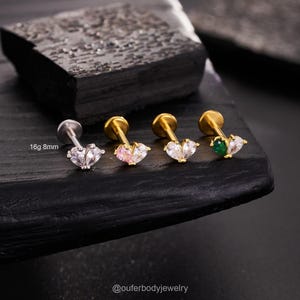 16G 8mm Two Marquise CZ flower Threadless Flat Back Earring, Minimalist Push Pin Labret Stud/Heart-Shaped Cartilage/Conch/Helix/Tragus Stud