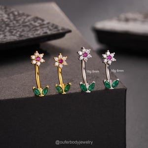 16G bloem blad toren barbell oorbel/zilveren bloemen gebogen barbell/toren sieraden/toren piercing/wenkbrauw ring/kraakbeen robijn CZ bloem oorbel